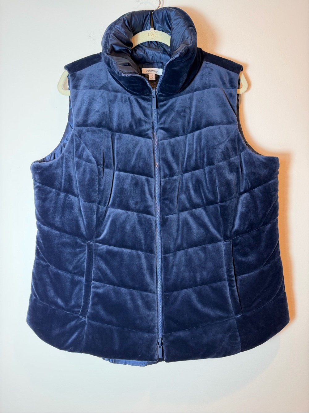 Chico’s Zenergy Navy Blue Velour Reversible Quilted Puffer Vest - Size 3 (XL)